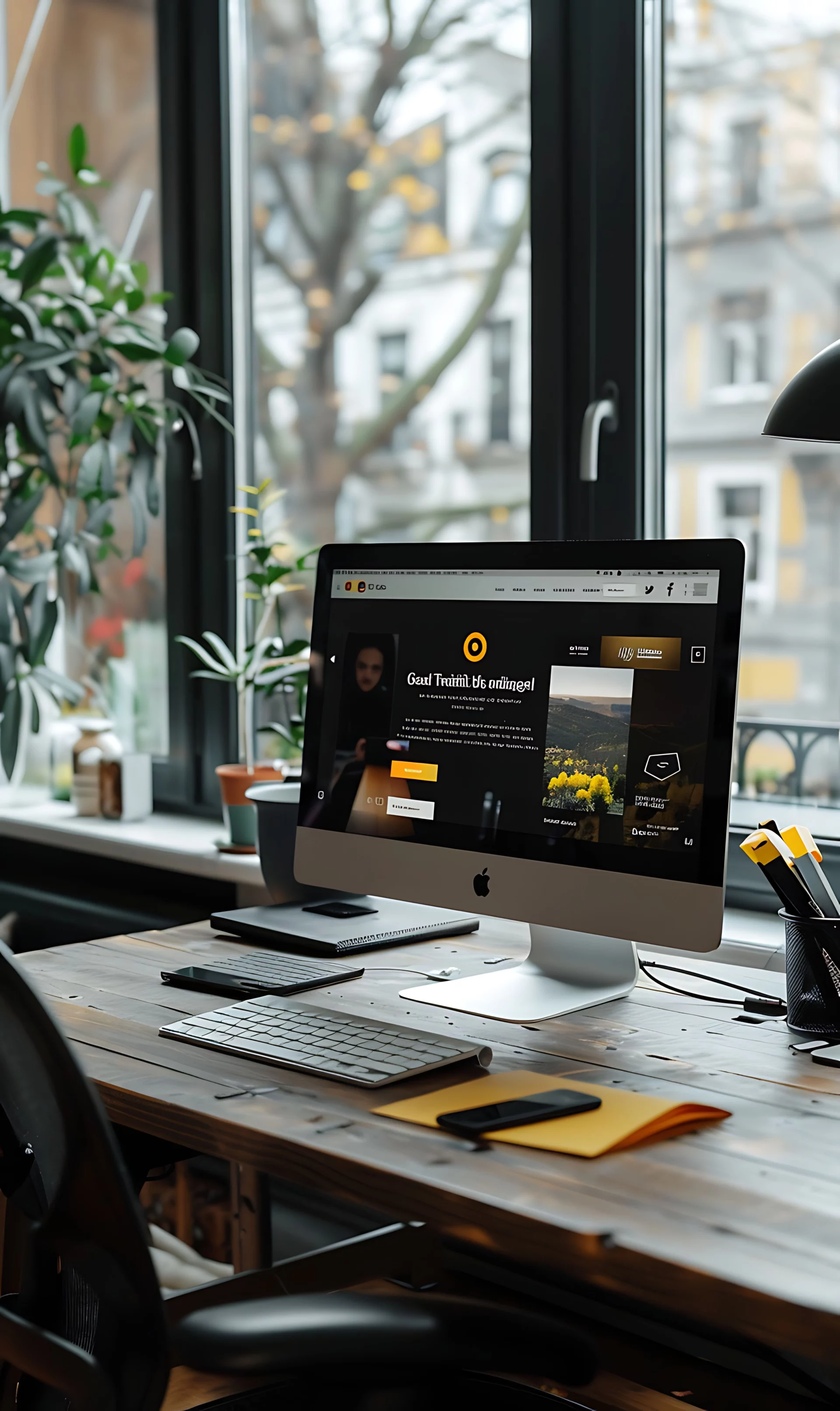 A computer sits on a desk in front of a bright window, casting natural light onto the workspace.