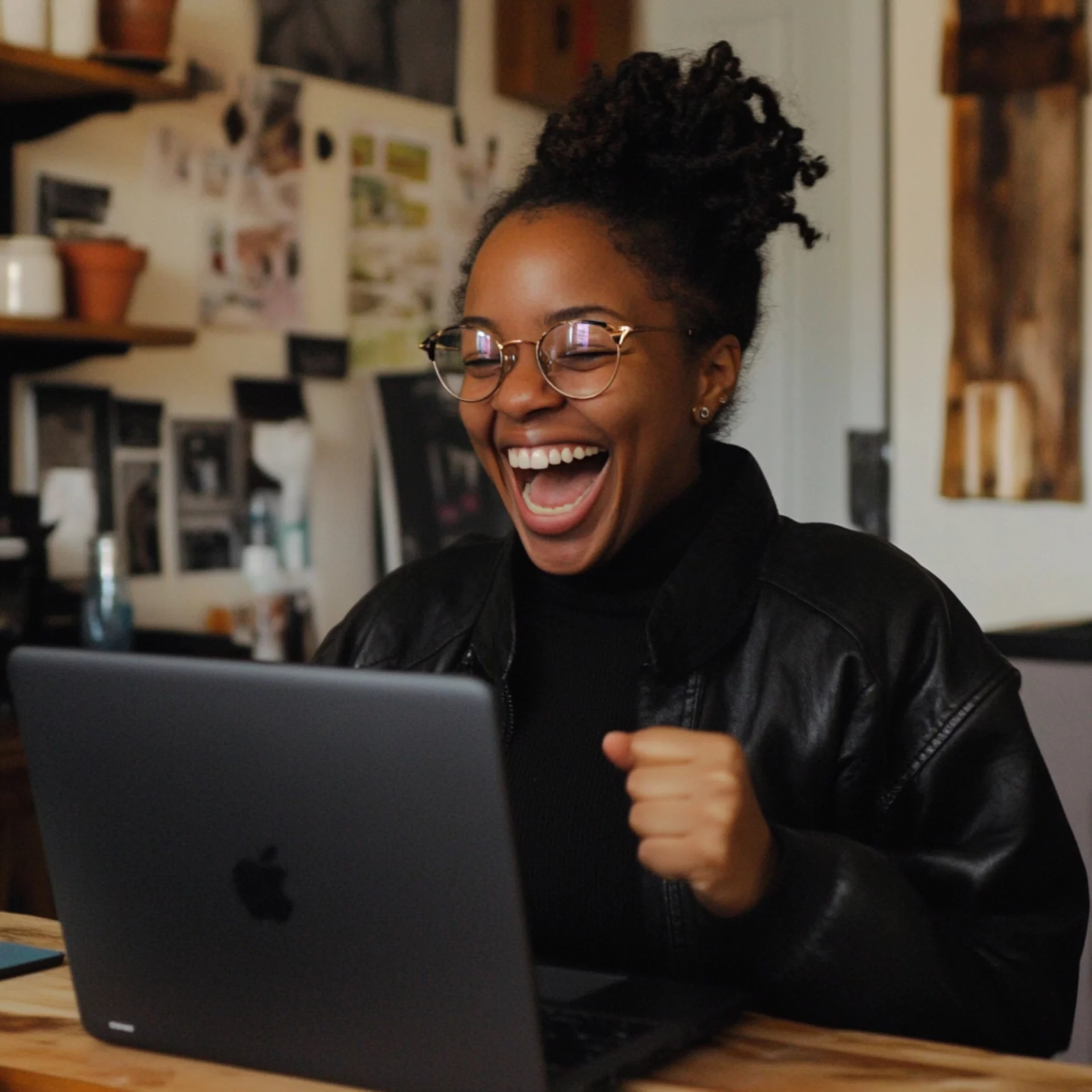 A woman with glasses and a black leather jacket is seated at a desk, engaged with her laptop.