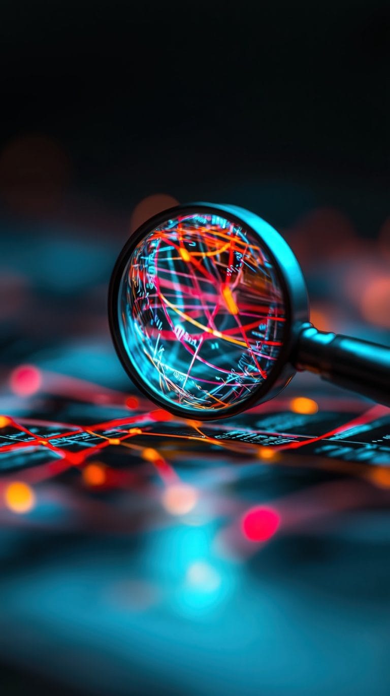 Magnifying glass held over a glowing network of digital connections