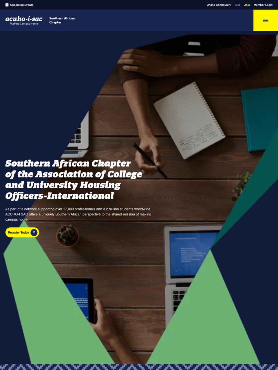 Homepage of the ACUHO-I Southern African Chapter website, designed and built by Onware