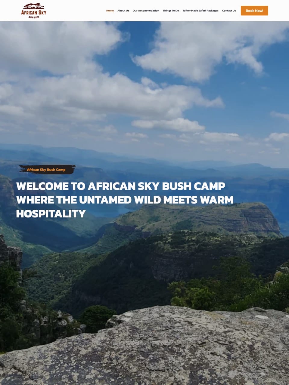 Homepage of the African Sky Bush Camp website, designed and built by Onware