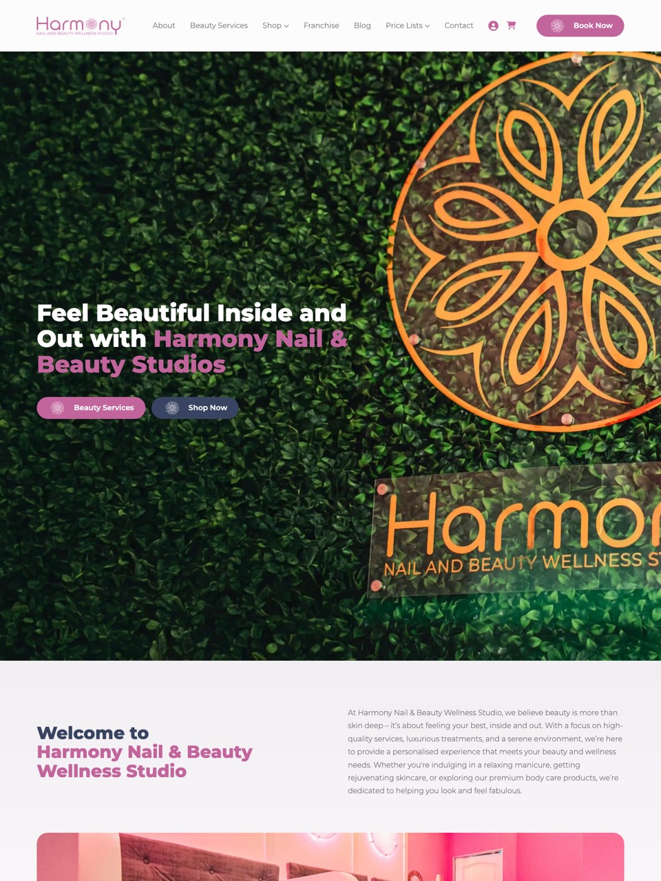 Homepage of the Harmony Nail & Beauty Studio website, designed and built by Onware