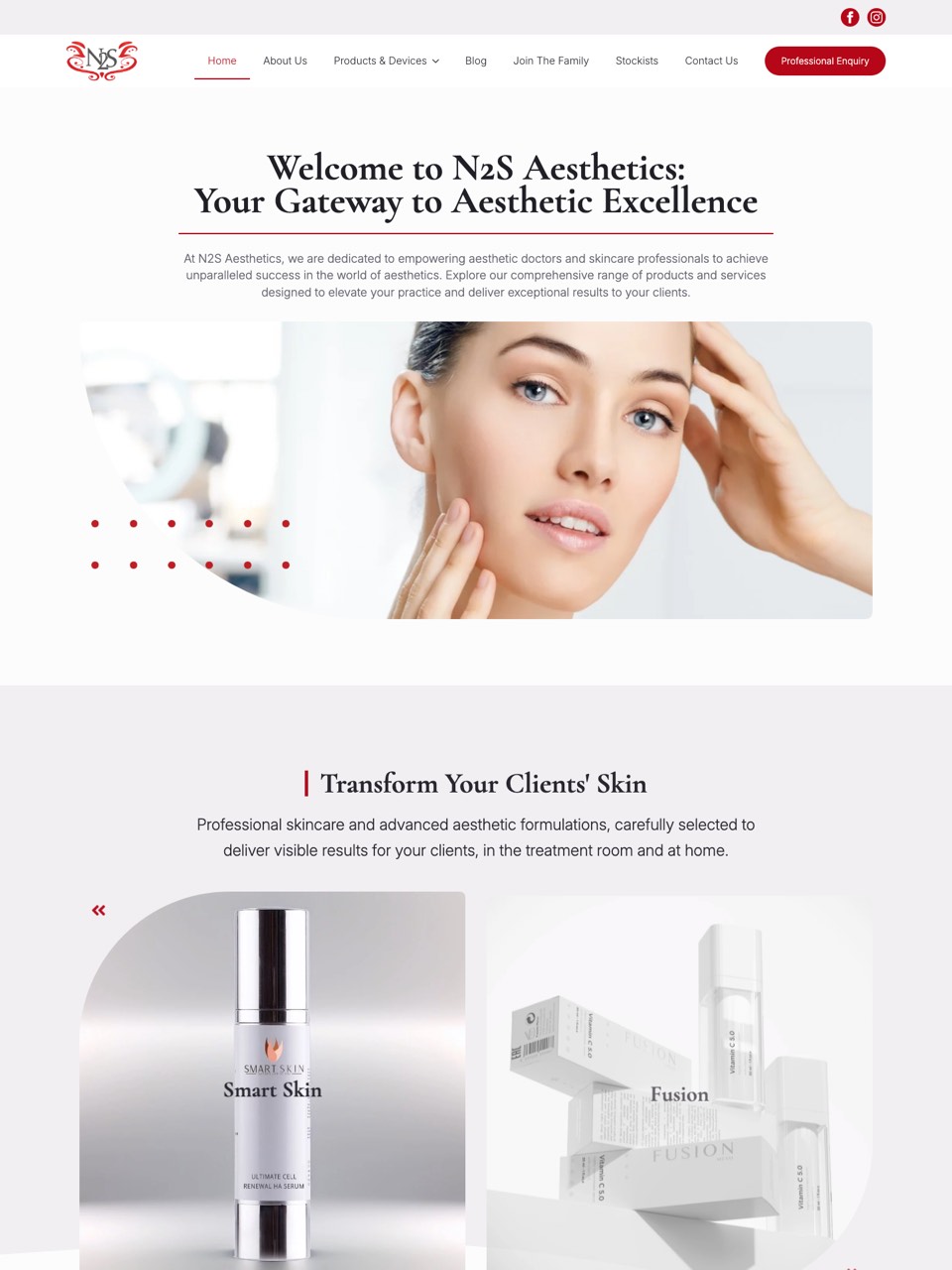 Homepage of the N2S Aesthetics website, designed and built by Onware