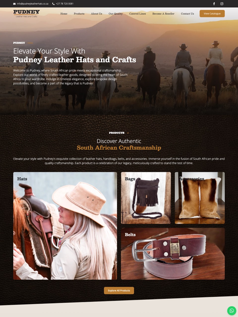 Homepage of the Pudney Leather Hats and Crafts website, designed and built by Onware