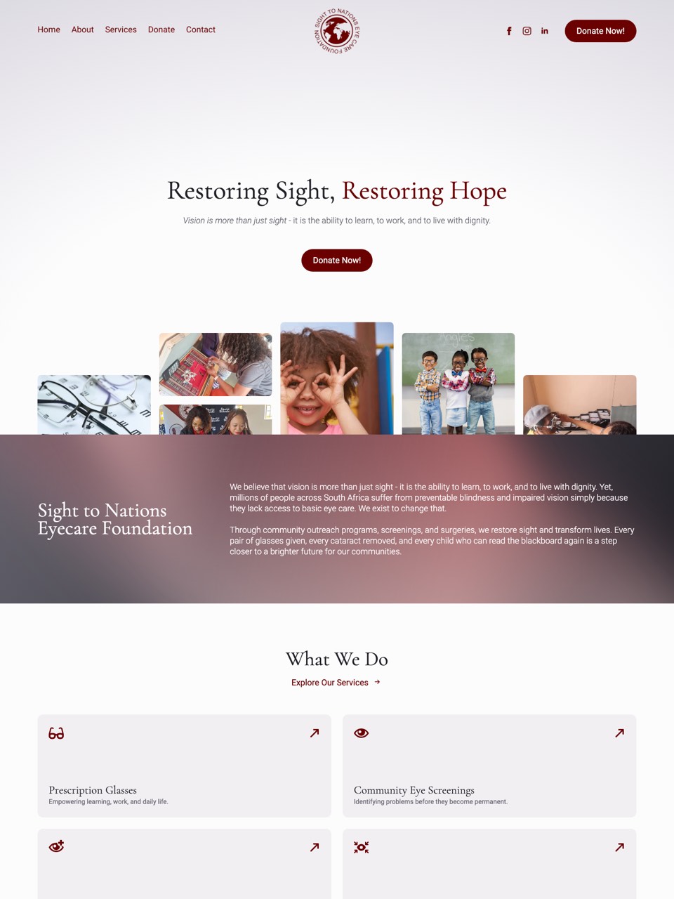 Homepage of the Sight to Nations Eye Care Foundation website, designed and built by Onware